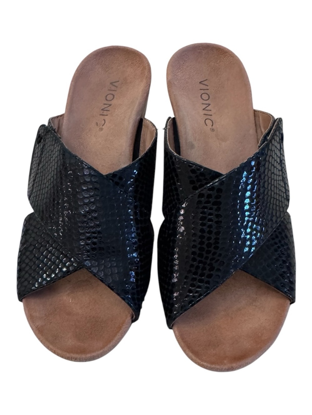 Vionic Leticia Black Snake Embossed Leather Orthotic Cork Wedge Slide Sandals 8